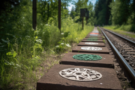 set of symbols on trail markers, each representing a different mode of transportation (for example, bicycle and car), created with generative aiの素材