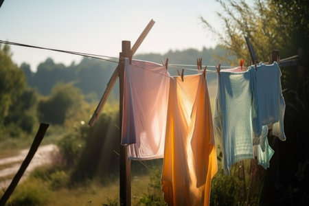 washed clothes fluttering in the breeze on sunny day, created with generative aiの素材