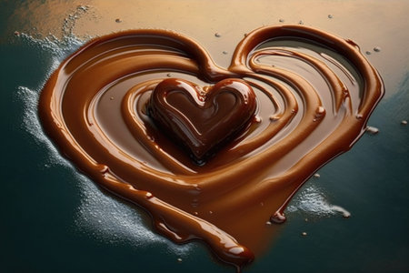 heart-shaped churro floating in pool of warm chocolate sauce, created with generative aiの素材