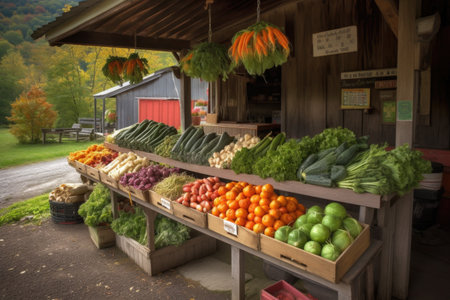 a fresh vegetable stand stocked with the seasons bounty, created with generative aiの素材
