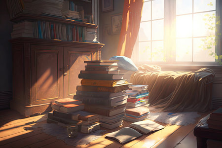 the sun rays shining on a pile of books, on a cozy reading nook, created with generative aiの素材