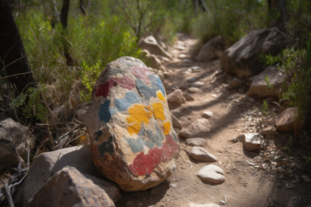 trail marker made of painted rock on a rugged trail, created with generative aiの素材