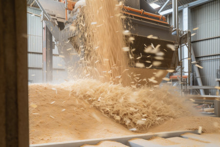 hpt mill, with sawdust and wood chips flying in the air, during production cycle, created with generative aiの素材