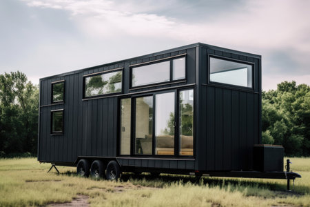 modern tiny home with sleek and minimalist design, featuring floor-to-ceiling windows and high ceilings, created with generative aiの素材