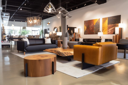 upscale furniture store showcasing sleek, modern pieces made from recycled materials, created with generative aiの素材