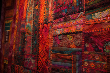 textile wall hanging with rich, vibrant colors and intricate patterns, created with generative aiの素材