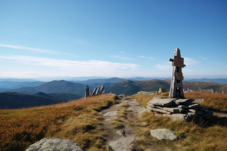 a trail marker pointing the direction to a nearby lookout, with stunning mountain views in the background, created with generative aiの素材