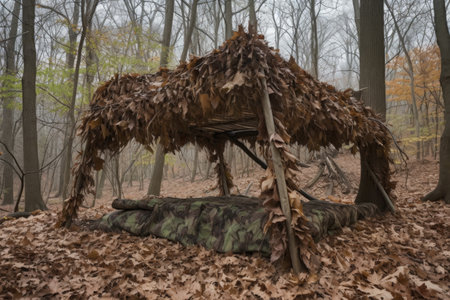 shelter made of leaves, branches, and twigs, created with generative aiの素材
