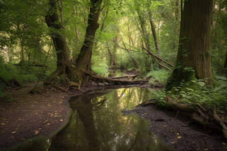 peaceful stroll through serene forest with birdsong and babbling stream, created with generative aiの素材