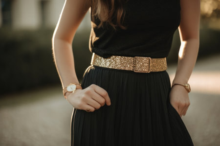 woman, wearing classic black skirt with glittery gold belt and tank top, created with generative aiの素材