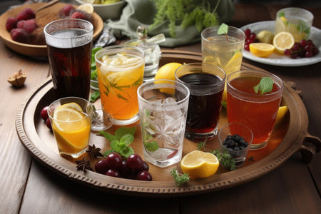 plate of assorted iced teas, including fruity and herbal varieties, created with generative aiの素材