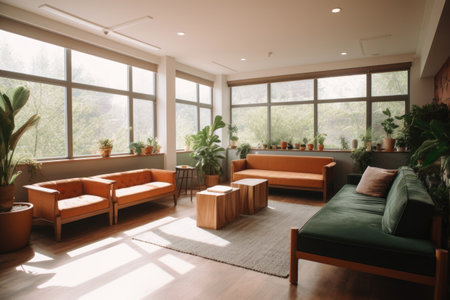 reception area with comfy couches, greenery and natural light for guests to relax, created with generative aiの素材