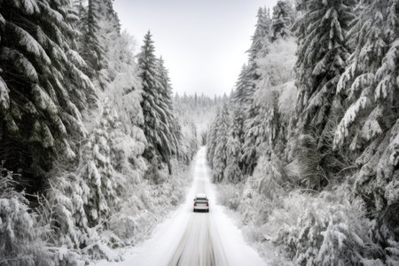 scenic road trip through snow-covered forest, created with generative aiの素材