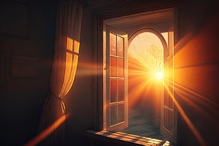 a view of the sun rising, casting warm rays through a window, created with generative aiの素材