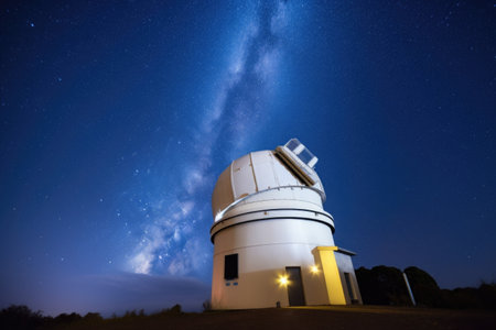 modern observatory, with state-of-the-art equipment and telescope, among the starry skies, created with generative aiの素材