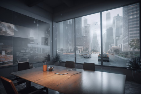 virtual meeting room, with view of busy city street and bustling traffic, created with generative aiの素材