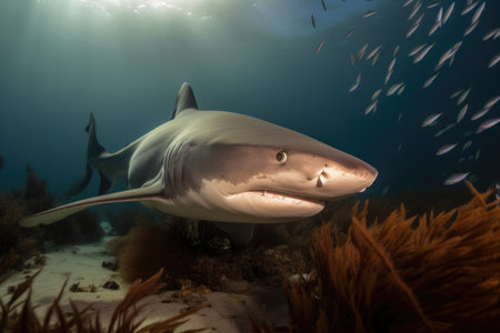 sand tiger shark swimming over rays, hunting for its next meal, created with generative aiの素材