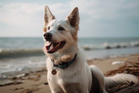 portrait of happy dog sitting on beach with its head hanging over the edge, created with generative aiの素材