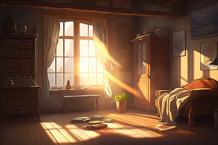 a warm and cozy room, with the sun rays shining through the window, creating a calming atmosphere, created with generative aiの素材