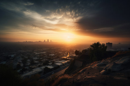 cityscape with sunset, featuring views of the skyline and surrounding landscape, created with generative aiの素材