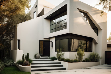 stucco exterior with modern angular design element and minimalist accent, created with generative aiの素材