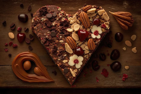 heart-shaped brownie slice with chocolate chips, nuts and cherry on top, created with generative aiの素材
