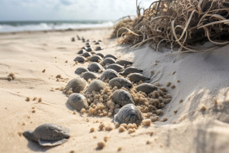 sea turtle nest in the sand with eggs hatching, created with generative aiの素材
