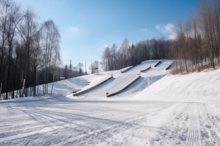 winter sports park, with slope and jumps for exciting downhill runs, created with generative aiの素材