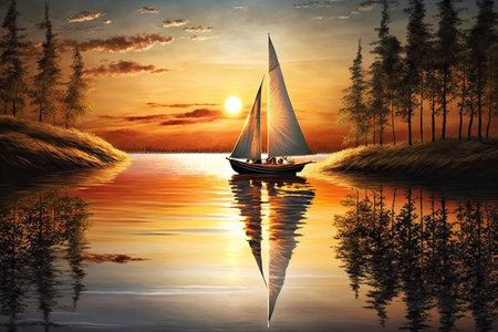 sunset sailboat on crystal-clear lake, with reflections of the sun in the water, created with generative aiの素材