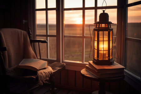 cozy reading nook with lantern and mug, view of sun setting over the horizon, created with generative aiの素材