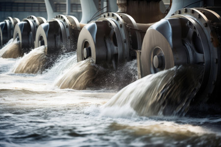 close-up of power plants turbines, with water rushing through, created with generative aiの素材