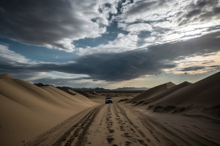 road trip through the desert, with towering sand dunes and dramatic skies, created with generative aiの素材