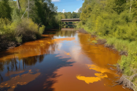 toxic spill in river, with chemical waste flowing into downstream water source, created with generative aiの素材