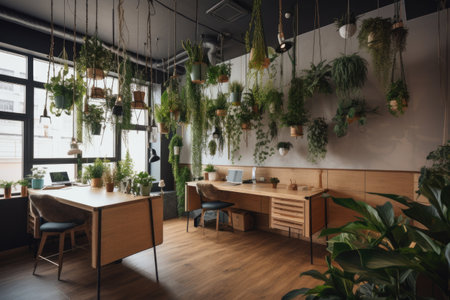 modern office space with hanging plants and eco-friendly decor, created with generative aiの素材
