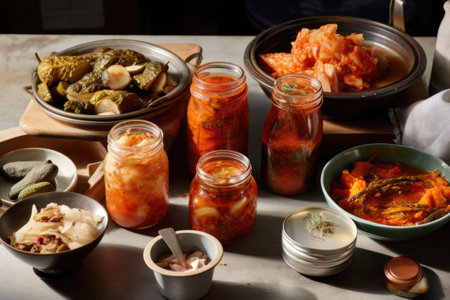 fermented foods feast, with bowls of tangy kimchi and jars of zesty pickles, created with generative aiの素材