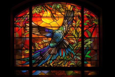 stained glass window, with a bird in flight, bringing light and color to the space, created with generative aiの素材