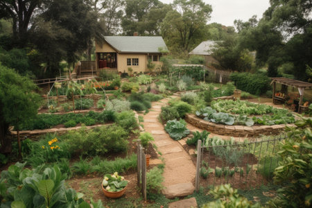 permaculture garden with fruit trees, vegetables, and herbs, created with generative aiの素材