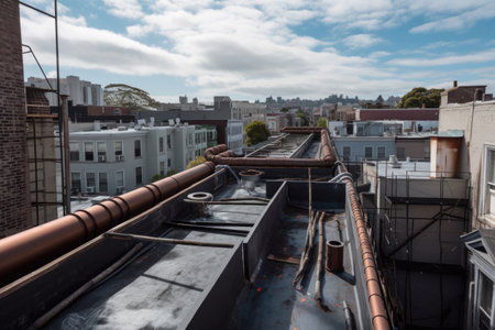 rooftop view of city, with downpipe being replaced and new pipe being installed, created with generative aiの素材