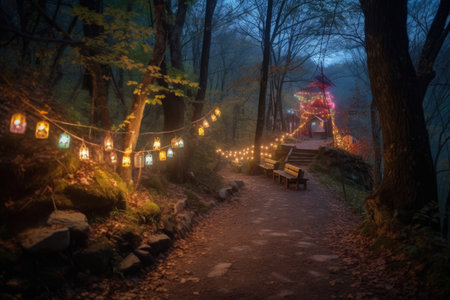 magical forest with lanterns and twinkling lights, roadside attraction, created with generative aiの素材
