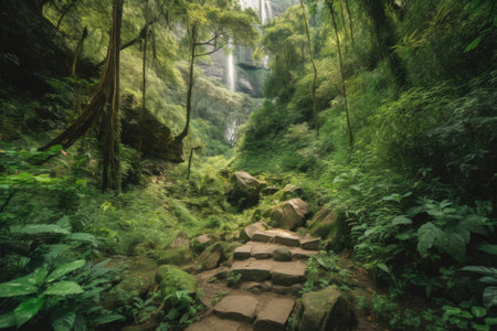 hiking trail with view of cascading waterfall and lush greenery, created with generative aiの素材