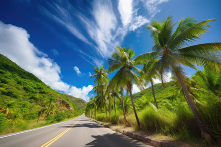 scenic road trip through a tropical paradise, with palm trees and blue skies, created with generative aiの素材