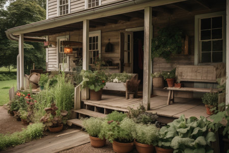 organic farmhouse with rustic furniture, fresh herbs and vegetables growing on the porch, created with generative aiの素材