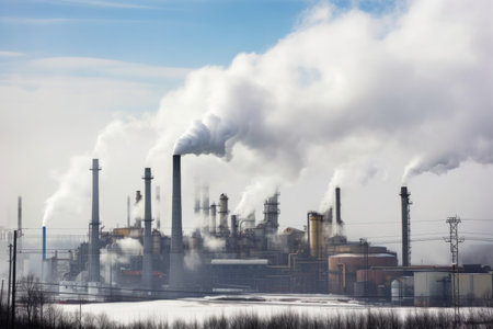 industrial plant, with smoke and fog coming from its smokestacks, created with generative aiの素材
