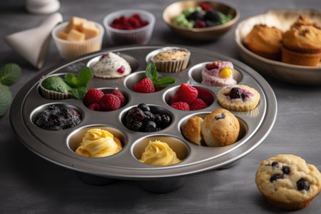 mini muffin tin, filled with assorted scones, treats, and snacks, created with generative aiの素材