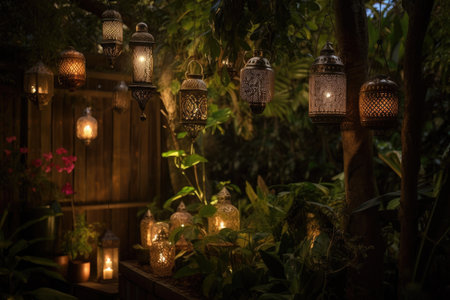 hanging lanterns in a garden, casting a warm glow on plants, created with generative aiの素材