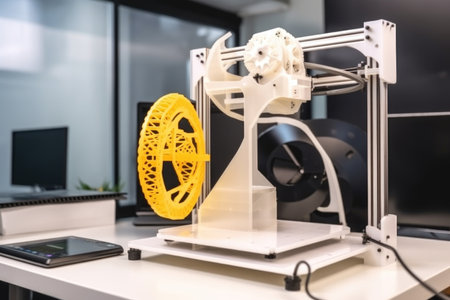 robot arm with 3d printer at work, printing out new part, created with generative aiの素材