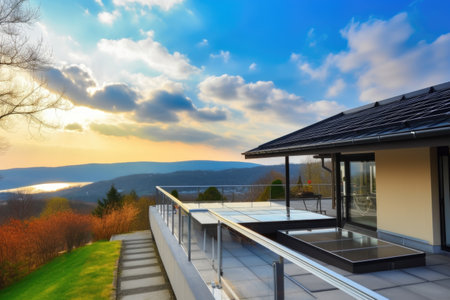 scene of solar panels on the roof of modern house, with view of picturesque sky, created with generative aiの素材