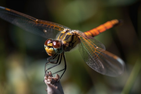 macro shot of dragonfly in flight, its wings buzzing, created with generative aiの素材
