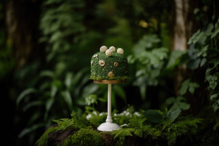 decorated cake pop on pedestal surrounded by greenery, created with generative aiの素材