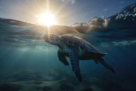 sea turtle swimming in the open ocean, with waves and sun shining down, created with generative aiの素材